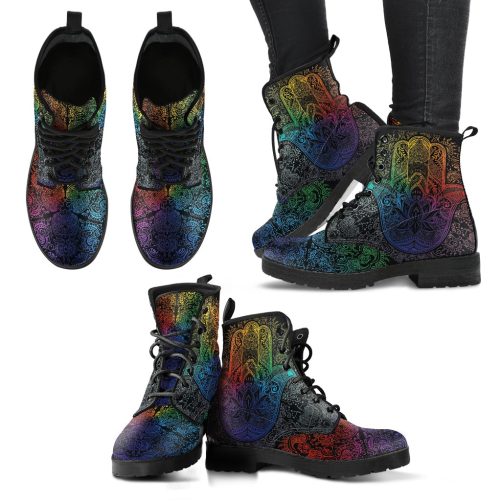 Colorful Hamsa Hand Handcrafted Women's Vegan Leather Combat Boots 1