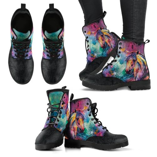 Colorful Horse Head Women's Vegan Leather Combat Boots 1
