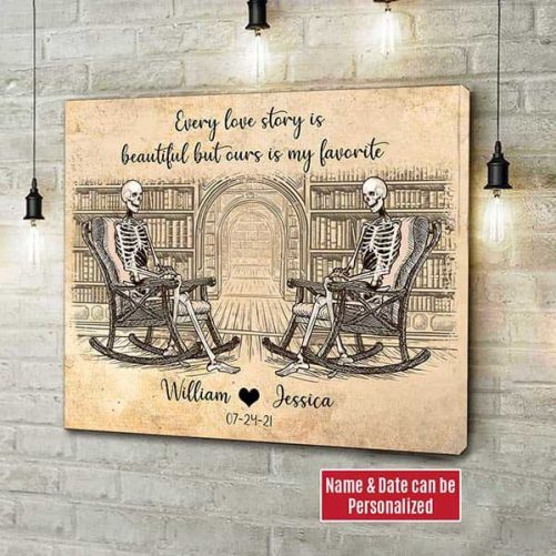 Custom Name And Date Skull Couple Canvas Every Love Story Is Beautiful But Ours Is My Favorite (2)