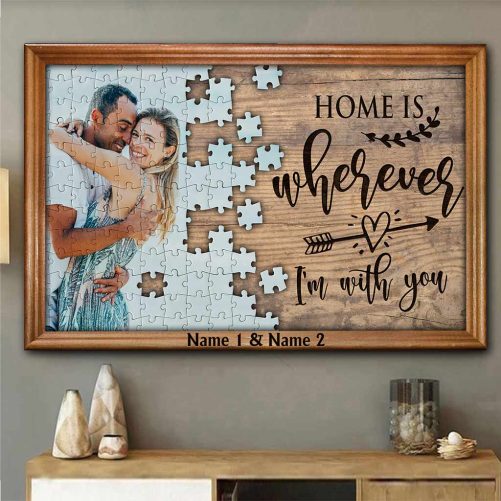 Custom Name And Photo Couple Canvas Home Is Wherever I'm With You Puzzle Pieces (2)