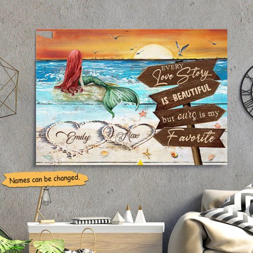 Custom Name Couple Canvas Every Love Story Is Beautiful Mermaid (2)