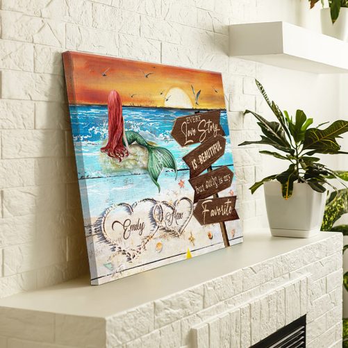 Custom Name Couple Canvas Every Love Story Is Beautiful Mermaid (3)