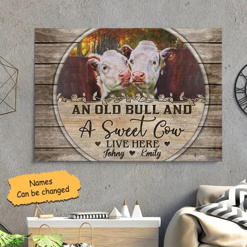 Custom Name Cow Couple Canvas An Old Bull And A Sweet Cow Live Here (2)