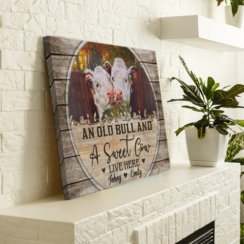 Custom Name Cow Couple Canvas An Old Bull And A Sweet Cow Live Here (3)