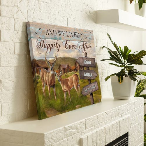 Custom Name Deer Couple Canvas And We Lived Happily Ever After (3)
