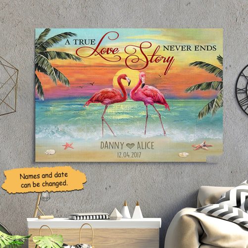 Custom Name Flamingo Couple Canvas A True Love Story Never Ends (2)
