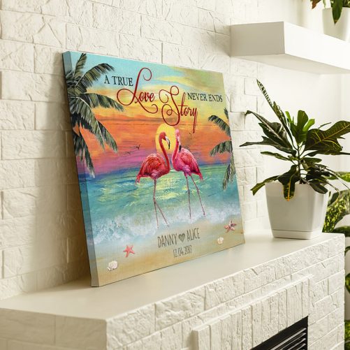 Custom Name Flamingo Couple Canvas A True Love Story Never Ends (3)