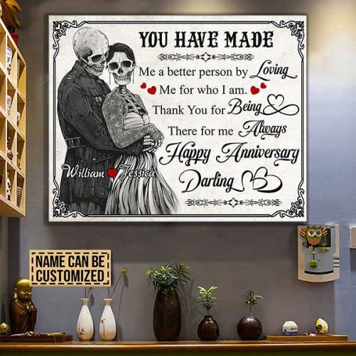 Custom Name Happy Anniversary Darling Skull Couple Canvas (1)