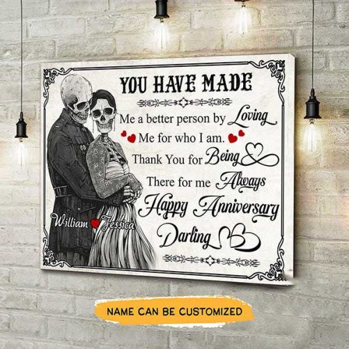 Custom Name Happy Anniversary Darling Skull Couple Canvas (2)