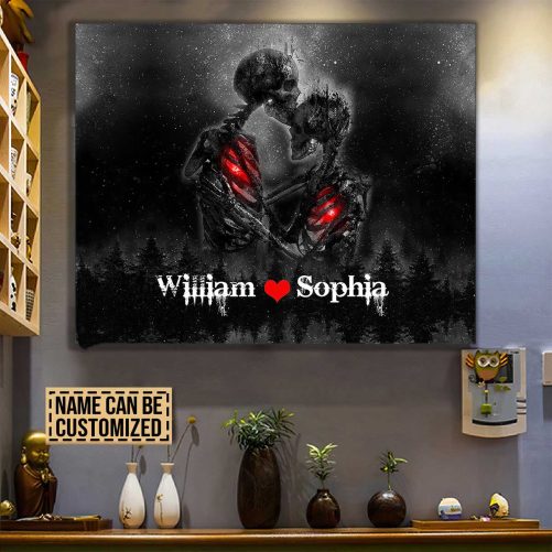 Custom Name Skull Couple Canvas Heart In Fire (1)