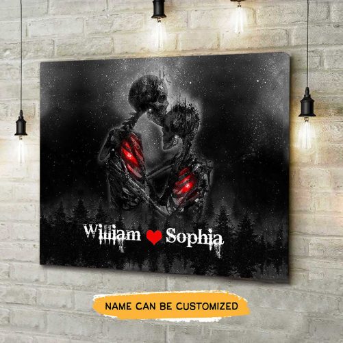 Custom Name Skull Couple Canvas Heart In Fire (2)