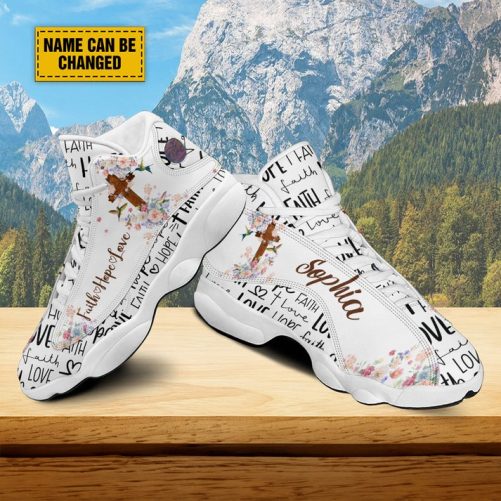 Customized Jesus Cross Hummingbird Flower Basketball Shoes, Faith Hope Love Footwear, Christ Religious Running Shoes 1