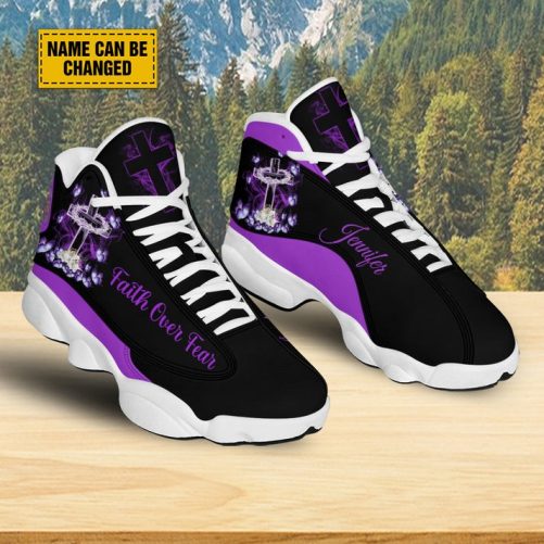 Customized Purple Jesus Cross Butterfly Basketball Shoes, Faith Over Fear Christian Running Shoes Christmas Gift 1