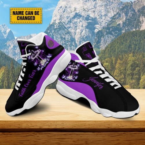Customized Purple Jesus Cross Butterfly Basketball Shoes, Faith Over Fear Christian Running Shoes Christmas Gift 2