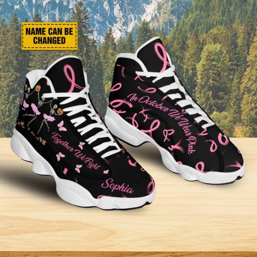 Customized Together We Fighter Shoes, Dancing Skeleton Breast Cancer Basketball Shoes, Halloween In October We Wear Pink Ribbon Shoes 1