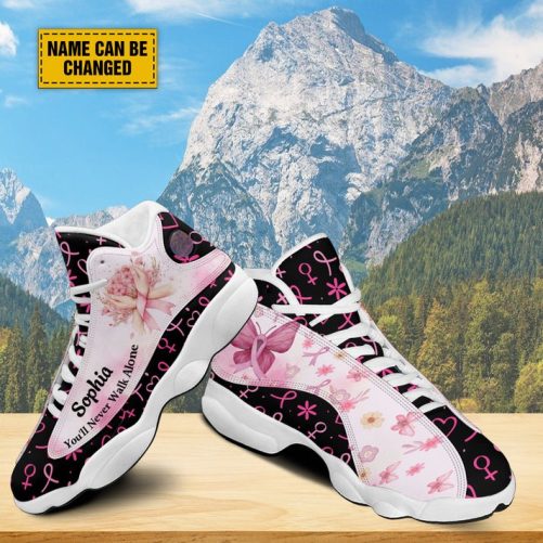 Customized You'll Never Walk Alone Basketball Shoes, Pink Ribbon Breast Cancer Awareness Month Shoes, Support Cancer Fighter 1