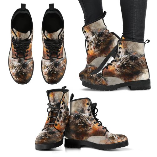 Cute Brown Cat Face Women's Vegan Leather Boots 1