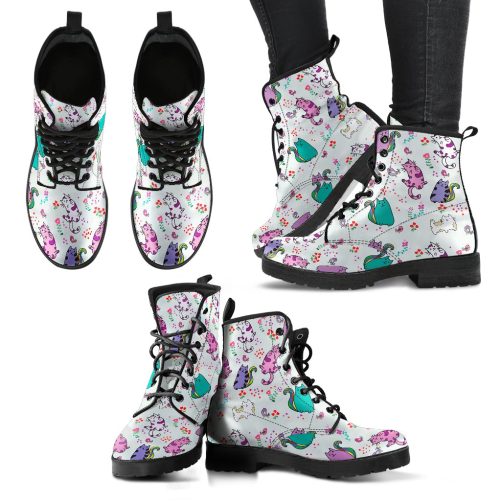 Cute Cat Women's Vegan Leather Combat Boots 1