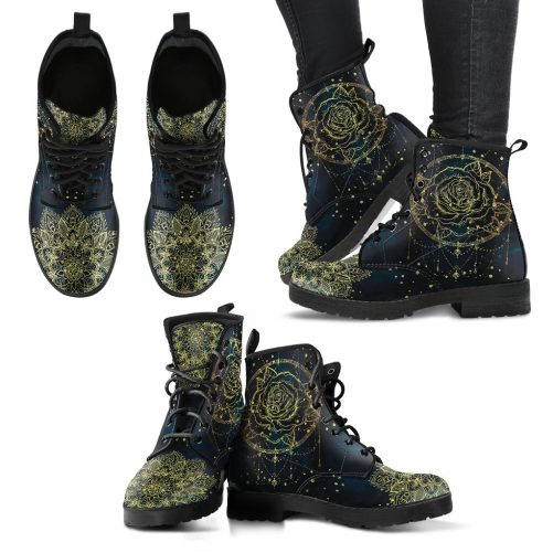 Gold Dream Catcher Handcrafted Women's Vegan Leather Combat Boots 1