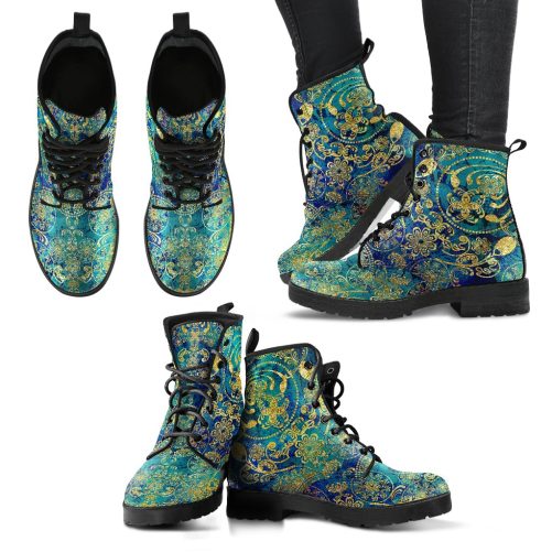 Gold FLoral Handcrafted Women's Vegan Leather Combat Boots 1