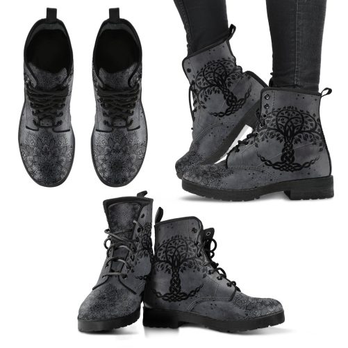 Grey Tree Of Life Handcrafted Women's Vegan Leather Boots 1