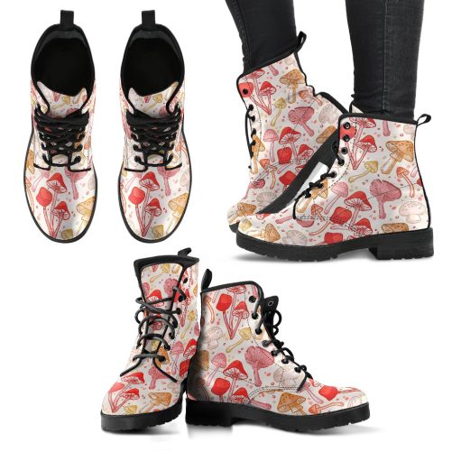 Hand Drawn Mushrooms Women's Vegan Leather Combat Boots 1