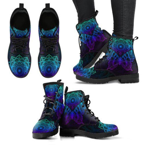 Handcrafted Mandala Butterfly Women's Vegan Leather Combat Boots 1