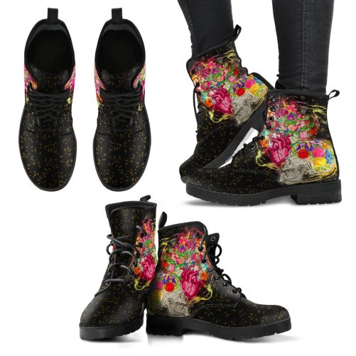 Heart and Skull Head Floral Women's Vegan Leather Combat Boots 1