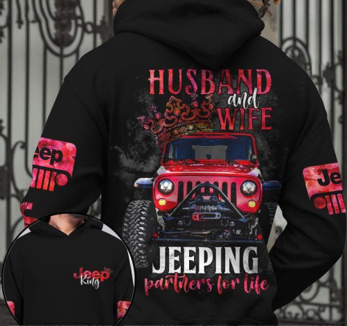 Jeep Couple All Over Hoodie Husband And Wife Partners For Life 1
