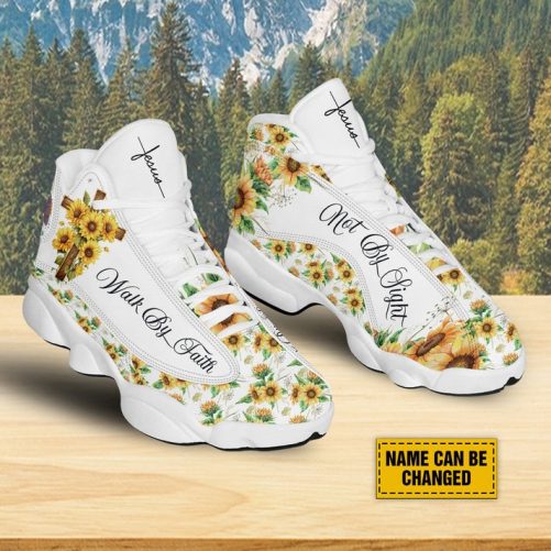 Jesus Cross Sunflower Customized Sport Shoes, Walk By Faith Not By Sight, Faith Gifts For Women, Sunflower Pattern Unisex Basketball Shoes 1