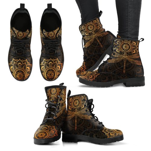 Mandala Dragonfly Rusty Gold Handcrafted Women's Vegan Leather Boots 1
