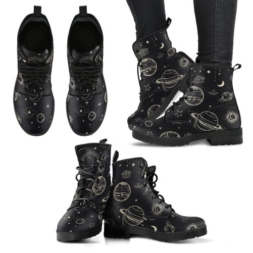 Moon Phases Abstract Women's Vegan Leather Combat Boots 1
