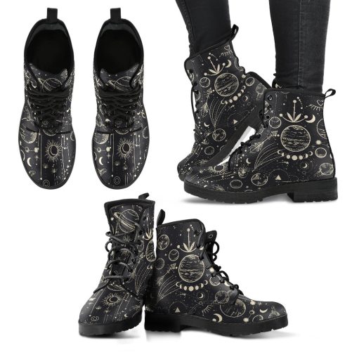 Moon Phases Galore Women's Vegan Leather Combat Boots 1