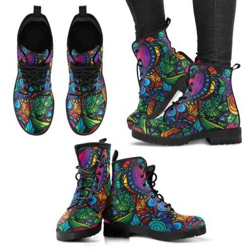 Mosaic Flower Handcrafted Women's Vegan Leather Combat Boots 1