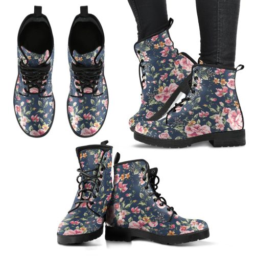 Perfect Pink Petals on Muted Blue Women's Vegan Leather Combat Boots 1