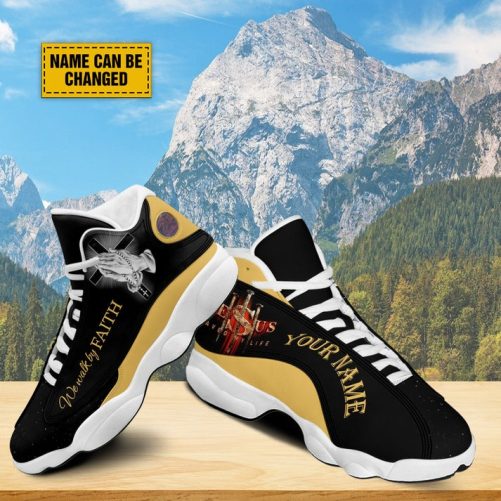 Personalized We Walk By Faith Basketball Shoes, Hands Praying God Shoes, Christian Footwear Unisex Basketball Shoes
