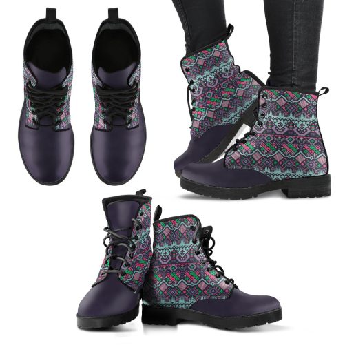 Plum Colored Tribal Handcrafted Vegan Leather Combat Boots 1