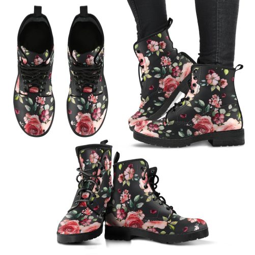 Roses and Tiny Flowers for All Women's Vegan Leather Combat Boots 1