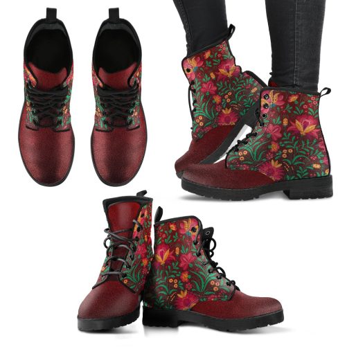 Rust Colored Floral Pattern Women's Vegan Leather Combat Boots 1