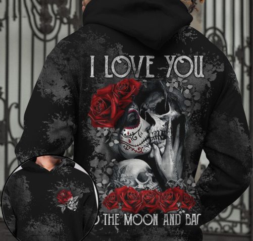 Skull Couple All Over Hoodie I Love You To The Moon And Back 1