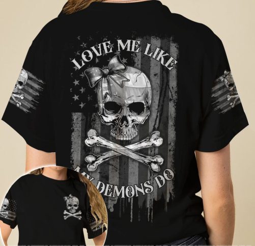 Skull Couple All Over T Shirts Love Me Like My Demons Do 2