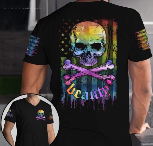Skull LGBT Couple All Over T Shirts Beast Beauty Watercolor 2