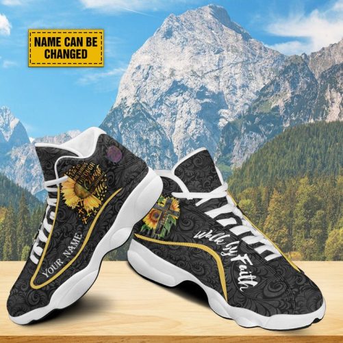 Sunflower Walk By Faith Personalized Basketball Shoes, I Can Do All Things Through Shoes With Thick Soles, Spiritual Gifts For Women