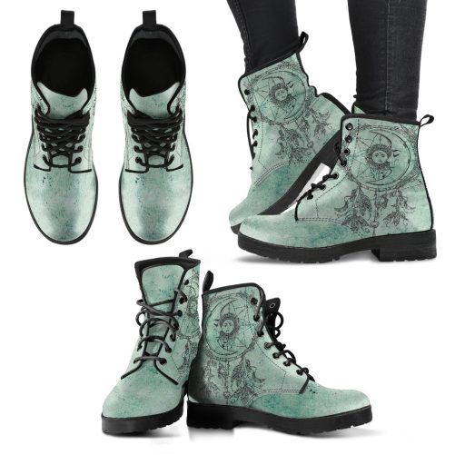 Teal Celestial Dream Catcher Women's Vegan Leather Combat Boots 1