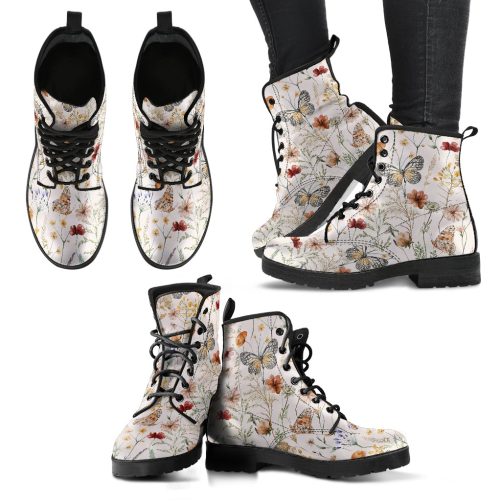 Tiny bloom Watercolor Butterfly Women Vegan Leather Combat Boots 1