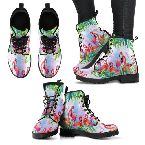 Tropical Flamingo Women's Vegan Leather Combat Boots 1