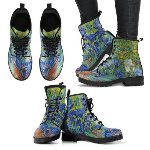 Van Gogh's Blue Iris Women's Vegan Leather Combat Boots 1