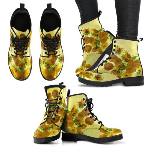 Van Gogh's Sunflowers Women's Vegan Leather Combat Boots 1