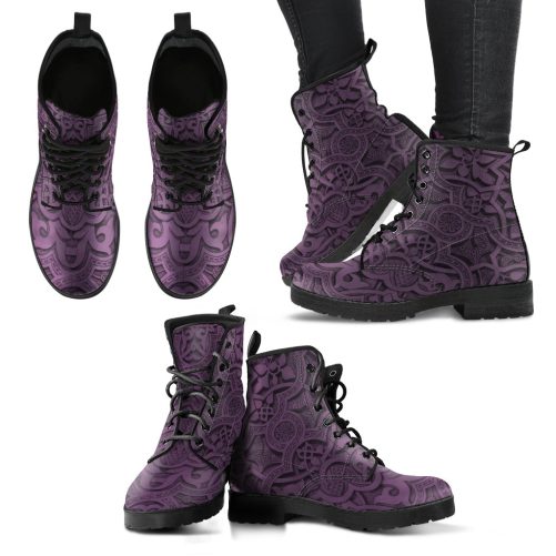 Vintage Mandala Pattern in Purple Taupe Vegan Leather Boots for Women's 1