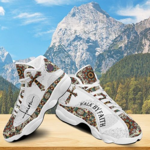 Walk By Faith Boho Design Flower Style Basketball Shoes, God Lover Religious Gifts Shoes With Thick Soles, Christmas Gift 1